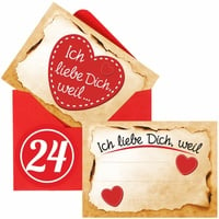 Adventino Adventskalender mit 24 Karten Ich Liebe Dich, Weil in 24 roten Umschlägen für Männer, Frauen, Paare