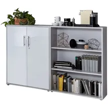 BMG Möbel Schrankwand Office Edition abschliessbarer Aktenschrank Büroschrank Büromöbel Regal in Lichtgrau/Weiß Hochglanz (Set 1 Niedrig)