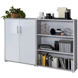 BMG Möbel Schrankwand Office Edition abschliessbarer Aktenschrank Büroschrank Büromöbel Regal in Lichtgrau/Weiß Hochglanz (Set 1 Niedrig)