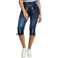 STEIGENHÖFER Trachtenjeans - Ida – Stretch Kniebund 3/4 Capri Hose im Lederhosen-Look – Trachten Jeans Kurze Hose Damen fürs Oktoberfest - Tracht Lederhose Damenjeans - Blau - 38 - 38