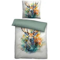 Biberna Renforcé Digitaldruck Bettwäsche "Hirsch" 135 x 200 cm Natur - Bunt