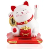 Jwthee Winkende Glückskatze Mit Arm, Kleine Solarbetriebene Winkekatze, Chinesische Glückskatze Mit Winkearm, Glückskatzenstatue, Winkekatze Mittelfinger Solar Für Zuhause, Autodekoration (Weiß)