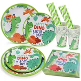 hicoosee Dino Geburtstag Deko, 20 Gäste Dinosaurier Partygeschirr Set, 100 Stück Einweggeschirr Set mit Teller Dessertteller Becher Servietten Strohhalme, Geburtstag Party Set für Kindergeburtstag