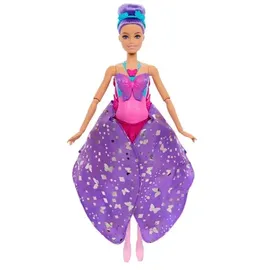 Mattel Barbie Tanz und Flatter Puppe mit 2-in-1-Verwandlung von der Tänzerin zum Schmetterling mit sich öffnenden Flügeln, violetten Haaren, Haarschmuck und abnehmbarem Tutu, HXJ10