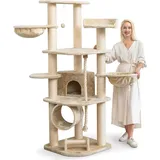 Happy Pet HAPPYPET Kratzbaum für Katzen groß 181 cm hoch - Stabiler Kletterbaum Katzenbaum, dicke Stämme mit 11 cm, Haus - Spieltunnel, große Liegemulden, Spietau mit Kratzrolle Beige