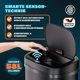 monzana MONZANA® Edelstahl Mülleimer Küche 58 L Automatik mit Bewegungssensor Soft-Close-Deckel Wasserdicht USB-Kabel Smarter Abfalleimer Müllbehälter Schwarz