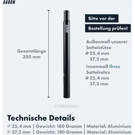 Aaron Tube Sattelstütze - 25,4 oder 27,2, mm - 350 mm Länge - Schwarz - 25,4 mm