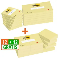 12 + 12 GRATIS: Post-it® Notes Haftnotizen-Set 654655P gelb, 12 Blöcke + GRATIS 12 Blöcke Haftnotizen 5,1 x 3,8 cm