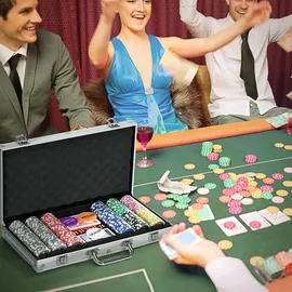 sportnow Pokerkoffer Set, 300 Pokerchips 11,5 Gramm, Pokerset mit Schloss, Silber