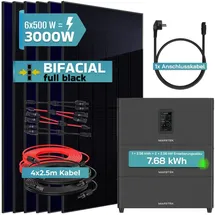 sunniva Balkonkraftwerk Full Black Bifazial 3000 W inkl. 7,68 kWh Speicher + 6 x 500 W N-Typ Glas-Glas Bifacial Module