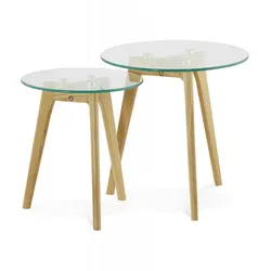 Runder Satztisch aus Holz und Glas | Moderner Beistelltisch mit Glasplatte | Kompakter Couchtisch für Wohnzimmer | Skandinavisch | Kadima Design