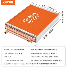 Vevor Wärmetauscher Wasser-Luft 45,72 x 50,8 cm mit 3-reihigen 9,53 mm Kupferanschlüssen 242 Aluminiumlamellen