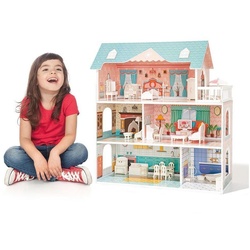 Dedom Puppenhaus Puppenhaus,Traumvilla,mit 5 Zimmern und 1 Balkon, 25 wunderschön realistischen Plastikmöbeln,Puppenhaus aus Holz,kinderspielzeug für Jungen und Mädchen