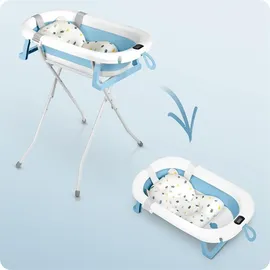 Ricokids Baby Badewanne Babywanne mit Gestell Thermometer und Badekissen - Faltbar Leicht Rutschfest - Weiß Blau