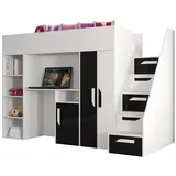 QMM TraumMöbel Hochbett PARIS 4 mit Schreibtisch Schrank Regal und Treppe Hochglanz (mit Treppe, Schrank, Schreibtisch & Regal) schwarz