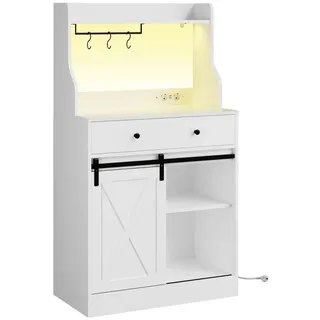 MSMASK Sideboard Küchenschrank Mehrzweckschrank mit LED und Steckdose, mit Große Schublade, 3 Hakens, Verstellbaren Ablagen, 70 *40 *134 cm weiß