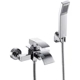 OUGOO Badewannenarmatur mit Handbrause, Wasserfall Mischbatterie Badewanne mit Brause, Messing Einhebel Wasserhahn Badewanne mit Schlauch und Wandhalterung, Doppelauslauf Armatur für Bad Chrom
