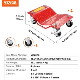Vevor Rollwagen Schwerlast Autotransporter aus Stahl mit 3600 kg Tragkraft, Rollwagen mit Bremsen, Fahrzeugtransportwagen zum Transportieren von Autos Lkws Anhängern Motorrädern und Booten, 4 Stk. rot