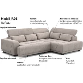 Cotta Ecksofa Jade L Form, Breite: 270 cm, mit Kopfteilverstellung & Nierenkissen, optional elektr. Sitztiefenverstellung grau