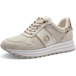Plateausneaker TAMARIS, Damen, Gr. 36, beige (creme, kombiniert), Textil, Lederimitat, glänzend, metallisierte Fasern, sportlich, Schuhe, Plateau, Freizeitschuh, Halbschuh, Schnürschuh im Materialmix