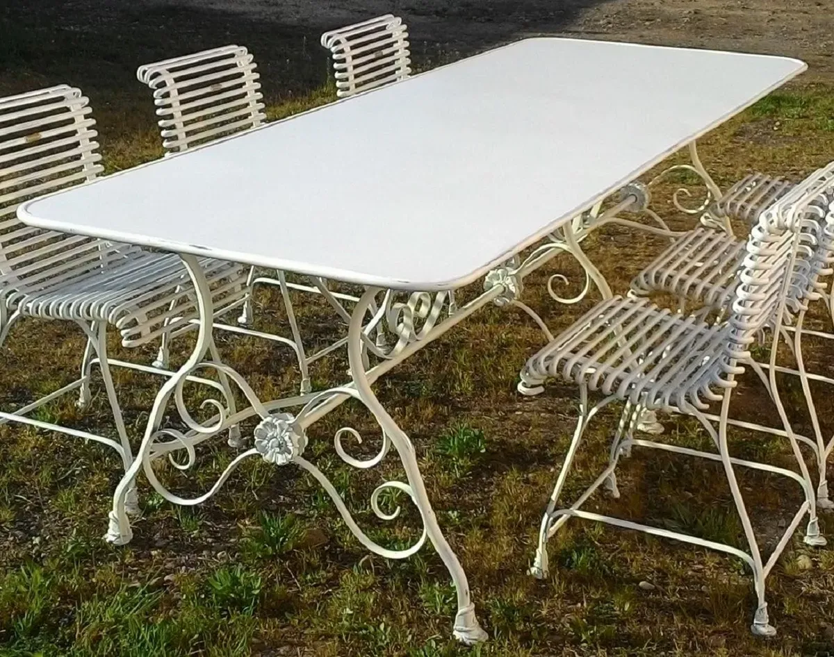 Casa Padrino Jugendstil Garten Esstisch Antik Weiß 250 x 90 x H. 75 cm - Nostalgischer Schmiedeeisen Gartentisch - Jugendstil Schmiedeeisen Garten Möbel - Nostalgische Garten Möbel