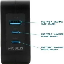 Mobilis Charger 100W 2USB C 1USBA GaN cable 100W Laptop, Smartphone, Tablets Schwarz