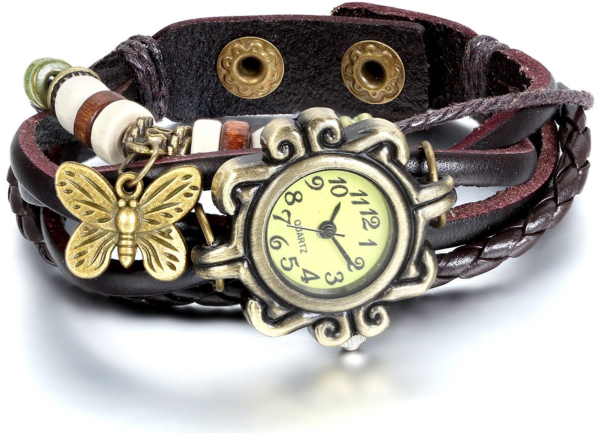 JewelryWe Damen Armbanduhr, Retro geflochten Leder Armband Armreif Armkette Uhr mit Schmetterling Anhänger, Braun Bronze