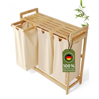 AMBIAVO® Wäschekorb 3 Fächer [beige, 100% Baumwolle, Bambus, 90 l Volumen] | Wäschesammler für Schmutzwäsche| Wäsche Sortiersystem | Wäschesortierer Holz | Wäschebox | laundry baskets