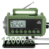Notfallradio 12000 mAh, AM/FM/SW Kurbelradio, Handkurbel Blackout Notfallausrüstung, Taschenlampe & Leselicht, Powerbank Solar, Typ C/USB, SOS-Alarm, Emergency Radio für Wandern, Outdoor, Camping