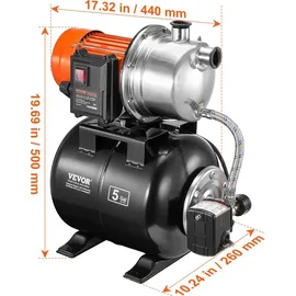 Vevor 1176W Gartenpumpe, 5600 l/h automatische Bewässerungspumpe, 50 m Hub, Kreiselpumpe mit 30/50 PSI Druckschalter, flache Springbrunnenpumpe, E...