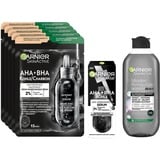 Garnier SkinActive Black Skin Routine Gesichtspflege-Set mit 5 schwarzen Tuchmasken, Mizellen-Gesichtswasser und AHA BHA Serum, Für ein ebenmäßigeres Hautbild bei normaler oder unreiner Haut