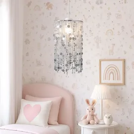 ETC Shop Hängelampe Hängeleuchte Kinderlampe Pendelleuchte Kinderzimmerleuchte, Metall silber Dekorbehang, 1x E27 Fassung, Dxh 27x152cm