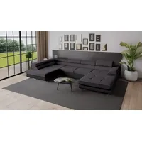 Goldstoff Wohnlandschaft RELAX U Ecksofa mit Schlaffunktion, Kunstleder & Samt, 345 × 205 cm, zwei Bettkästen, verstellbare Kopfstützen grau|schwarz