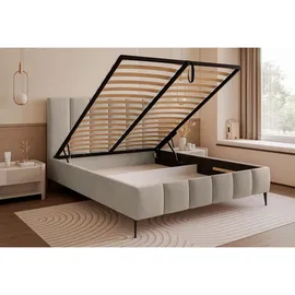 Selsey Polsterbett 140x200 cm, mit Bettkasten, Lattenrost und Metallfüßen, graubeige