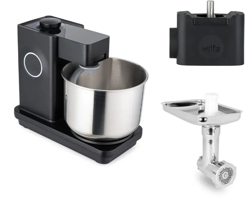 Wilfa Küchenmaschine Probaker KM1B-70 schwarz + Tool Adapter + Messerschmidt Edelstahlfleischwolf