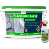derendo Anti Schimmelfarbe 2.0 für feuchte Räume Badezimmer Schlafzimmer Wandfarbe innen weiß sehr hohe Deckkraft Schimmelbeseitigung Schimmelentferner Langzeitschutz (10 Liter + Schimmelentferner)