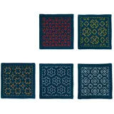 OM System Olympus Thread Hitomezashi Sashiko Stickpackung Untersetzer I Marineblau, 5Stk mit dünnem Sashiko Garn Stoff bedruckt