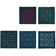 OM System Olympus Thread Hitomezashi Sashiko Stickpackung Untersetzer I Marineblau, 5Stk mit dünnem Sashiko Garn Stoff bedruckt