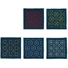 OM System Olympus Thread Hitomezashi Sashiko Stickpackung Untersetzer I Marineblau, 5Stk mit dünnem Sashiko Garn Stoff bedruckt