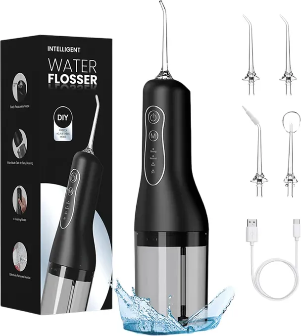 Sunluxy Tragbarer Kabelloser Zahnreiniger – 140 PSI Hochdruck-Pulswasserstrahl, 4 Modi, 260 ml Abnehmbarer Wassertank, 50 Tage Akkulaufzeit, Intelligente Speicherfunktion, 3 Düsenarten, Reisefreundliches Leichtgewicht-Design, L5 Schwarz