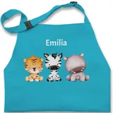 Kinderschürze Schürze Kinder Jungen Mädchen - Tiere - Tiger Zebra Nilpferd Safaritiere mit Name - 2-6 Jahre - Türkis - kochschürze junge tier personalisierte backschürze kinderkochschürzen - 2-6 Jahre
