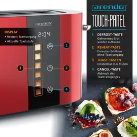 Arendo Toaster 2 Scheiben, Langschlitztoaster, Langschlitz, Edelstahl, 1000W, Display mit Restzeitanzeige, Brötchenaufsatz, Defrost Funktion, Wär... - rot