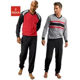 LE JOGGER Pyjama LE JOGGER, Herren, Gr. 44/46 (S), schwarz (rot, schwarz, grau, schwarz), Jersey, Obermaterial: 100% Baumwolle, unifarben, Basic, lang, V-Ausschnitt, angesetztes Bündchen, Homewear-Sets Pyjama, Schlafanzug in langer Form