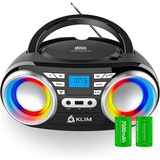 Klim Boombox B3 Tragbarer CD Player + FM Radio, CD, MP3, Bluetooth, AUX, USB, RGB LED + Kabel- & kabelloser Betrieb mit wiederaufladbaren Akku + Verbesserte CD-Laserlinse + Digitaler EQ + Version