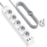 LENCENT 5 Fach Steckdosenleiste 8 in 1 Mehrfachsteckdosen Steckerleiste 4000W mit 1 Typ -C & 2 USB-A Anschlüßse, USB Mehrfachstecker 16A mit 2M Geflochtenem Kabel für Steckdose Wandsteckdose, Weiß