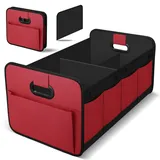 HIAHXC Kofferraum Organizer Auto, Faltbare Kofferraumtasche mit Fächern & Tragegriff,Geräumige Aufbewahrungsbox,Kofferraumtasche für Einkaufen, Camping & Auto Zubehör (Rot)