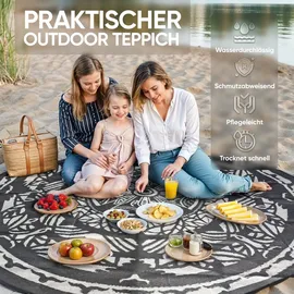 evocamp Outdoor Teppich Ø 240 cm Kunststoffteppich, wetterfest für Terrasse, grau-weiß