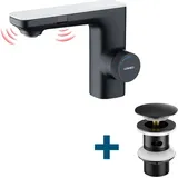 Lonheo - Zwei Infrarotsensor Wasserhahn Automatik Waschtischarmatur + Ablaufgarnitur mit Überlauf, Einhandmischer Wasserhahn Bad mit Pop Up, Schwarz