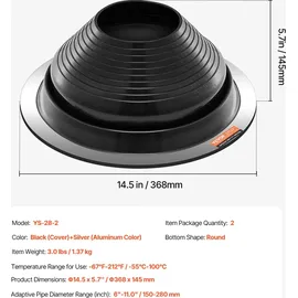 Vevor Rohrmanschette 150 bis 280 mm EPDM Dachdurchführung -55 bis 100°C 2er-Set Schwarz/Silber