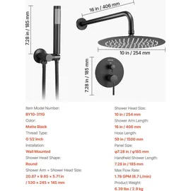 Vevor Duscharmatur Regenduschsystem fürs Badezimmer Duschsystem mit 254 mm runden Regenduschkopf & Handbrause, wandmontierte Badezimmerarmaturen mit Messingventil & Zierset, Mattschwarz